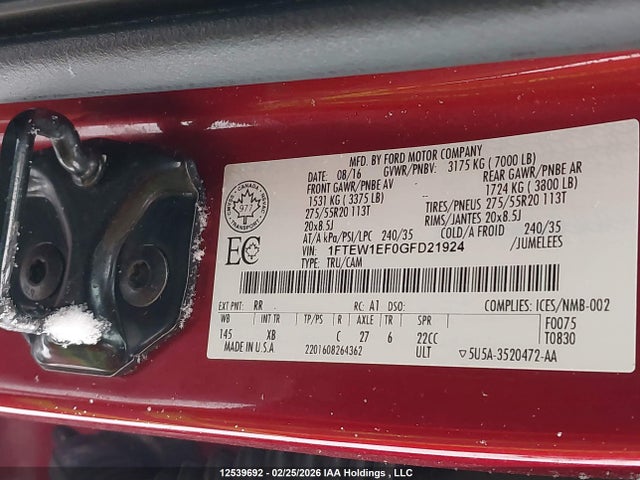 Продаж на аукціоні авто 2016 Ford F150 Supercrew, vin: 1FTEW1EF0GFD21924, номер лоту: 12539692
