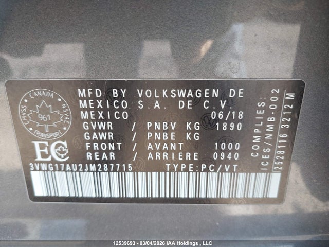 3VWG17AU2JM287715 Volkswagen GOLF S/SE