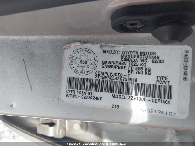 Aukcja sprzedaży 2003 Toyota Corolla Ce/le/sport, vin: 2T1BR32E43C756918, numer aukcji: 12539694