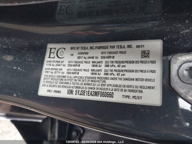 5YJ3E1EA3MF060660 Tesla Model 3 Standard Range/standard Range Plus