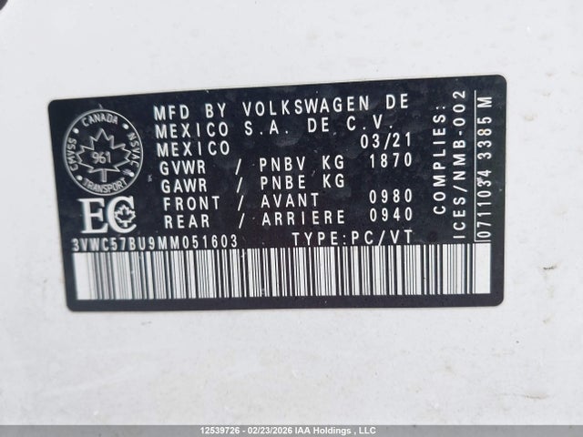 Продажа на аукционе авто 2021 Volkswagen Jetta Comfortline, vin: 3VWC57BU9MM051603, номер лота: 12539726