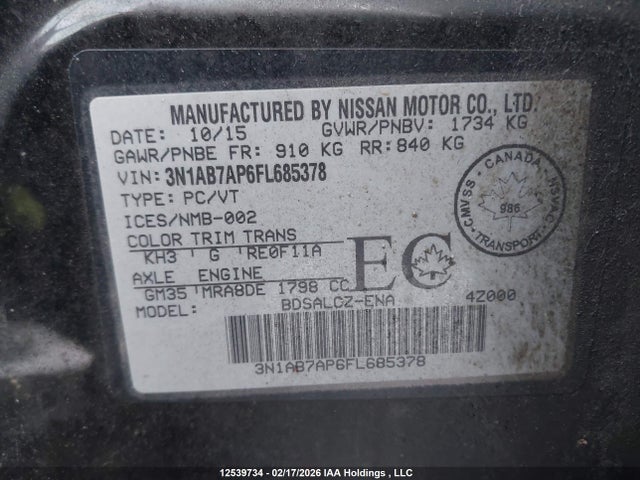 3N1AB7AP6FL685378 Nissan Sentra S/sv/sr/sl