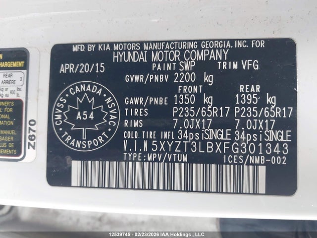 5XYZT3LBXFG301343 Hyundai Santa Fe Sport 2.4 Base