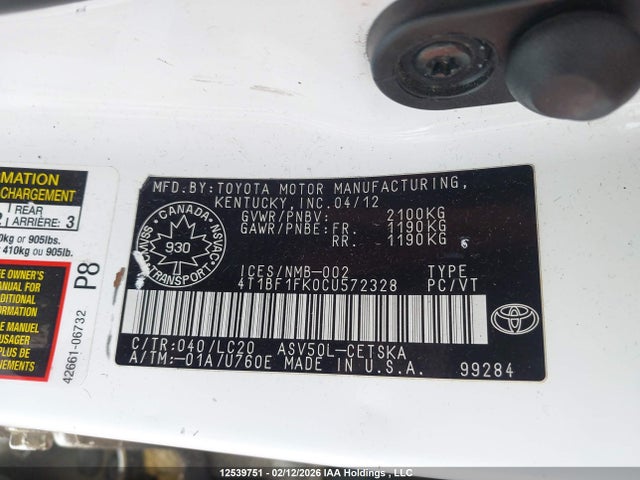 12539751 :رقم المزاد ، 4T1BF1FK0CU572328 vin ، 2012 Toyota Camry Se مزاد بيع