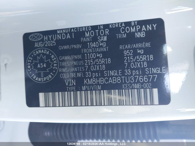 Aukcja sprzedaży 2026 Hyundai Kona Preferred Awd, vin: KM8HBCAB8TU376677, numer aukcji: 12539788