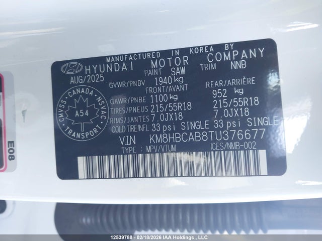 Aukcja sprzedaży 2026 Hyundai Kona Preferred Awd, vin: KM8HBCAB8TU376677, numer aukcji: 12539788