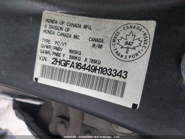 12539789 :رقم المزاد ، 2HGFA16449H103343 vin ، 2009 Honda Civic Sdn مزاد بيع