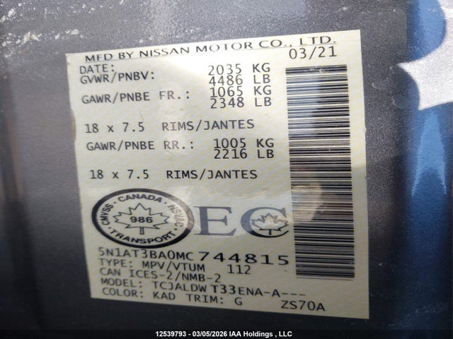 Продаж на аукціоні авто 2021 Nissan Rogue Sv, vin: 5N1AT3BA0MC744815, номер лоту: 12539793