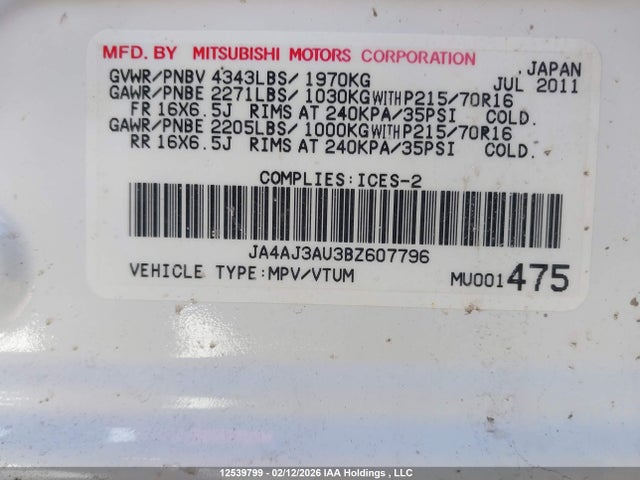 2011 Mitsubishi Rvr Se მანქანა იყიდება აუქციონზე, vin: JA4AJ3AU3BZ607796, აუქციონის ნომერი: 12539799