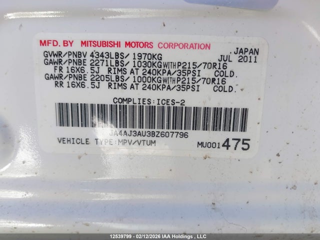 2011 Mitsubishi Rvr Se მანქანა იყიდება აუქციონზე, vin: JA4AJ3AU3BZ607796, აუქციონის ნომერი: 12539799