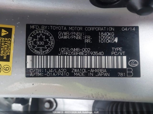 JTHKD5BH8E2193540 Lexus CT 200H