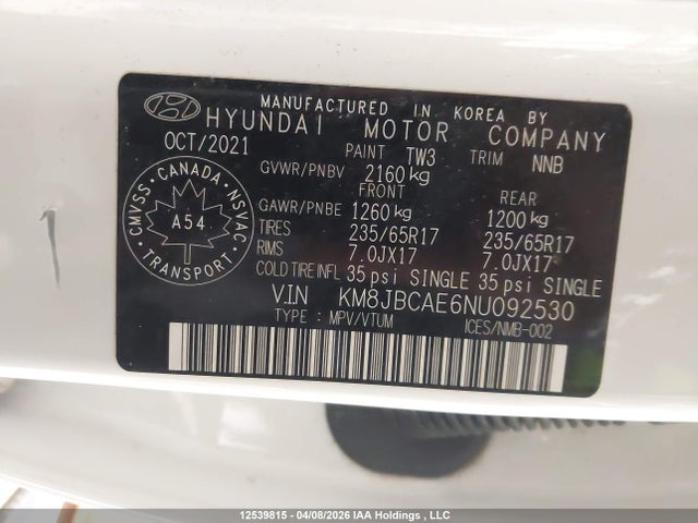 Продаж на аукціоні авто 2022 Hyundai Tucson Sel, vin: KM8JBCAE6NU092530, номер лоту: 12539815