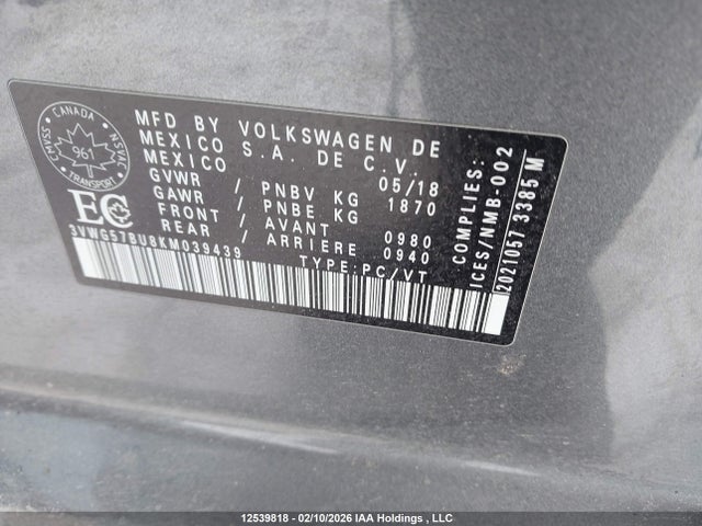 3VWG57BU8KM039439 Volkswagen Jetta 1.4 Tsi Execline