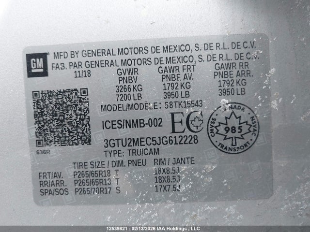 Aukcja sprzedaży 2018 Gmc Sierra 1500, vin: 3GTU2MEC5JG612228, numer aukcji: 12539821