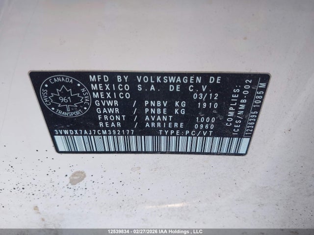 Aukcja sprzedaży 2012 Volkswagen Jetta 2.5l Comfortline/2.5l Sportline, vin: 3VWDX7AJ7CM392177, numer aukcji: 12539834