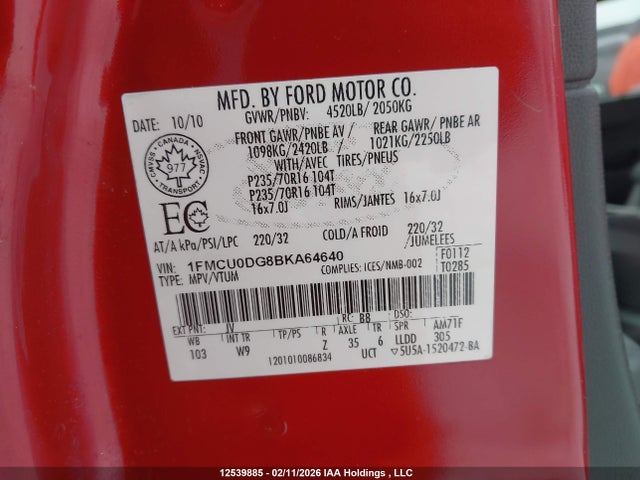 12539885 :رقم المزاد ، 1FMCU0DG8BKA64640 vin ، 2011 Ford Escape مزاد بيع