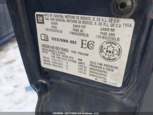 Продаж на аукціоні авто 2006 Chevrolet Silverado K1500, vin: 3GCEK14X16G178453, номер лоту: 12539949