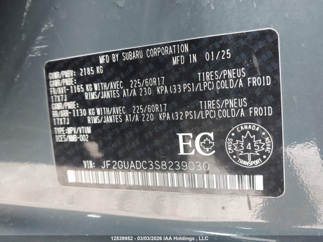 Aukcja sprzedaży 2025 Subaru Crosstrek Premium, vin: JF2GUADC3S8239030, numer aukcji: 12539952