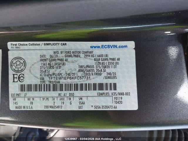 Продажа на аукционе авто 2019 Ford F-150 Xlt, vin: 1FTEW1EP6KFC57731, номер лота: 12539967