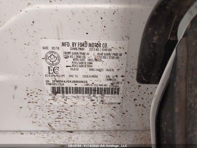 12512124 :رقم المزاد ، 2FMPK4J9XJBB68625 vin ، 2018 Ford Edge Sel مزاد بيع