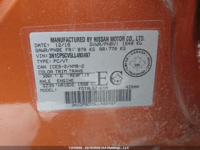 3N1CP5CV5LL492497 Nissan KICKS SV