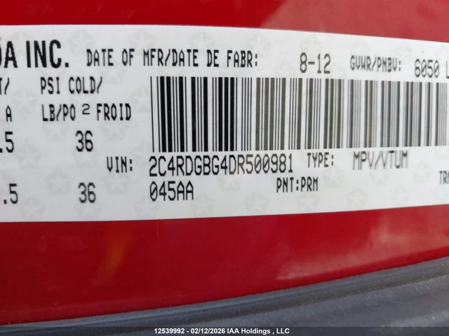 2013 Dodge Grand Caravan Se მანქანა იყიდება აუქციონზე, vin: 2C4RDGBG4DR500981, აუქციონის ნომერი: 12539992