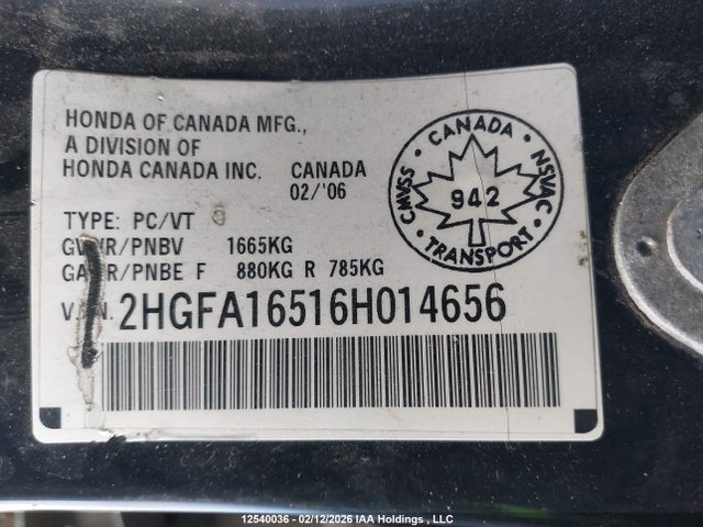 Продаж на аукціоні авто 2006 Honda Civic, vin: 2HGFA16516H014656, номер лоту: 12540036