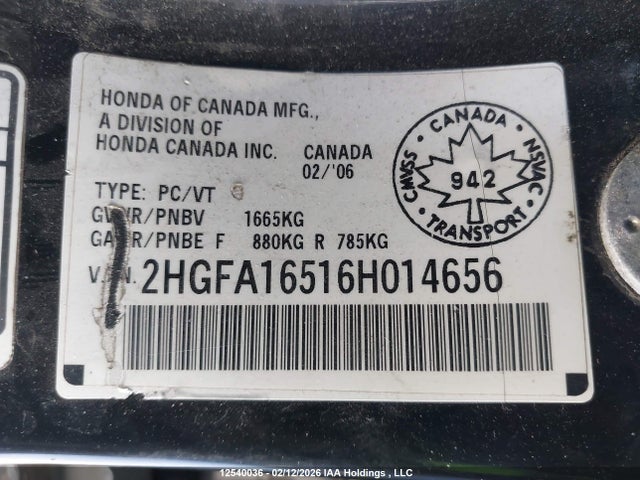 Продаж на аукціоні авто 2006 Honda Civic, vin: 2HGFA16516H014656, номер лоту: 12540036