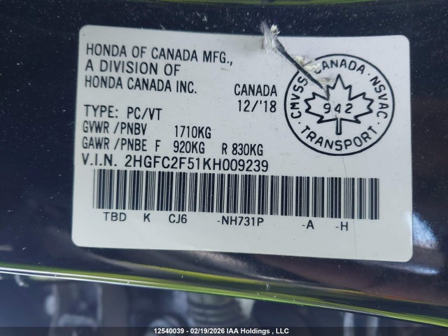 Продаж на аукціоні авто 2019 Honda Civic Lx, vin: 2HGFC2F51KH009239, номер лоту: 12540039