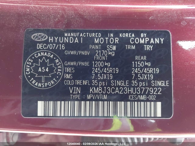 KM8J3CA23HU377922 Hyundai Tucson Limited