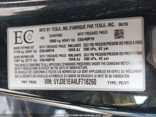 Aukcja sprzedaży 2020 Tesla Model 3 Standard Range Plus, vin: 5YJ3E1EA4LF718260, numer aukcji: 12540094