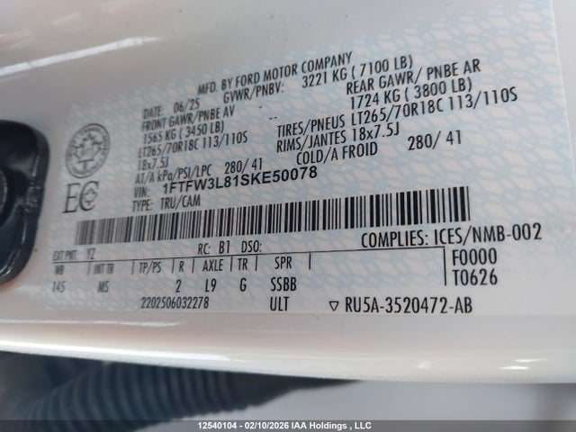 Aukcja sprzedaży 2025 Ford F150 Xlt, vin: 1FTFW3L81SKE50078, numer aukcji: 12540104