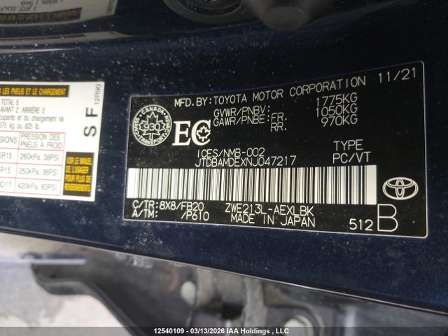 Aukcja sprzedaży 2022 Toyota Corolla, vin: JTDBAMDEXNJ047217, numer aukcji: 12540109