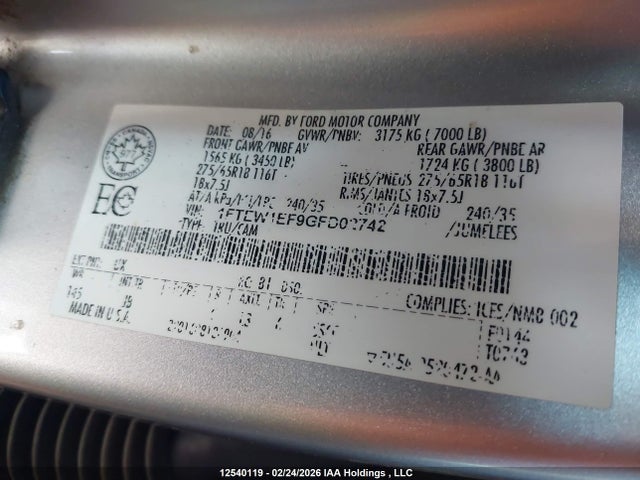 12540119 :رقم المزاد ، 1FTEW1EF9GFD02742 vin ، 2016 Ford F-150 Xlt مزاد بيع