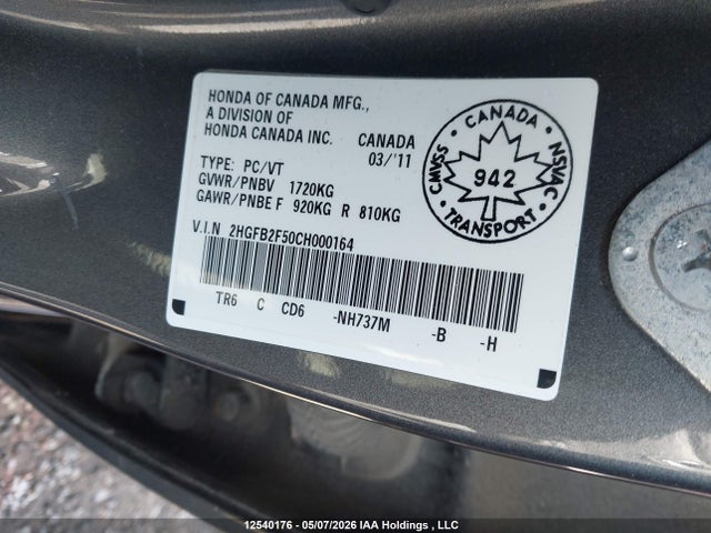 Продажа на аукционе авто 2012 Honda Civic Ex, vin: 2HGFB2F50CH000164, номер лота: 12540176