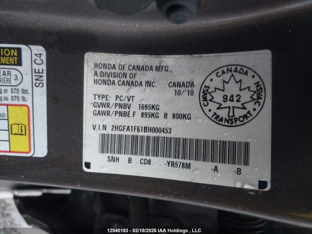 12540183 :رقم المزاد ، 2HGFA1F61BH000453 vin ، 2011 Honda Civic Lx-s مزاد بيع