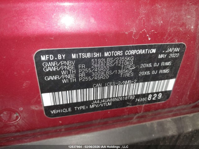 JA4J4UA86NZ618182 Mitsubishi Outlander Le/le Premium/se/sel