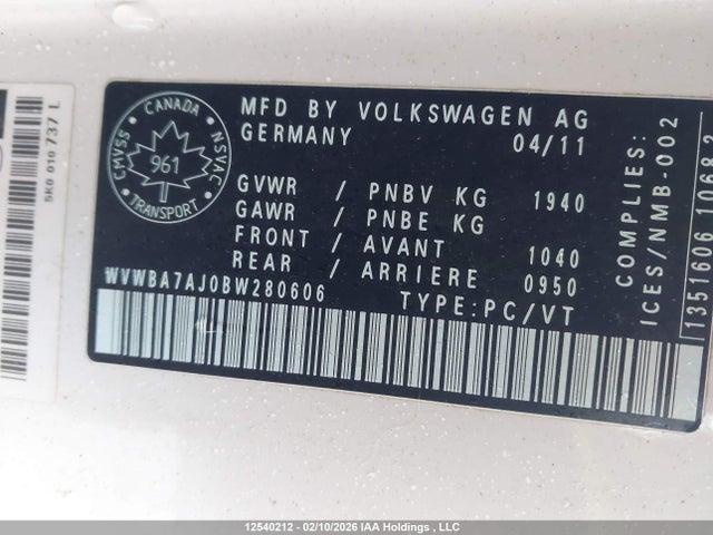 Продажа на аукционе авто 2011 Volkswagen Golf 2.5l Sportline/2.5l Trendline, vin: WVWBA7AJ0BW280606, номер лота: 12540212