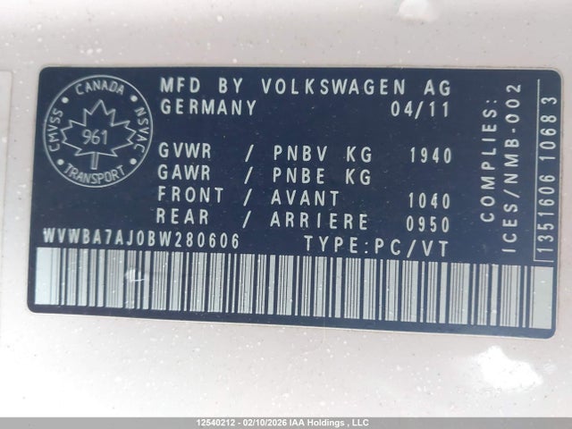 Продажа на аукционе авто 2011 Volkswagen Golf 2.5l Sportline/2.5l Trendline, vin: WVWBA7AJ0BW280606, номер лота: 12540212
