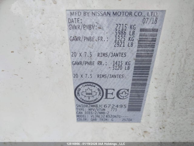 5N1DR2MM8JC672495 Nissan Pathfinder Midnight Edition/platinum/s/sl Premium/sv Tech