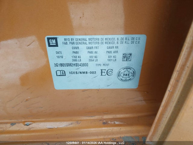 3G1BE6SM2HS543800 Chevrolet Cruze Lt Auto