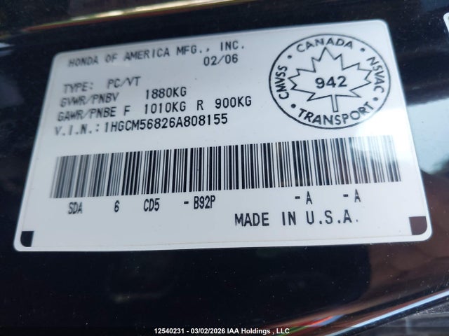 Aukcja sprzedaży 2006 Honda Accord Ex-l, vin: 1HGCM56826A808155, numer aukcji: 12540231