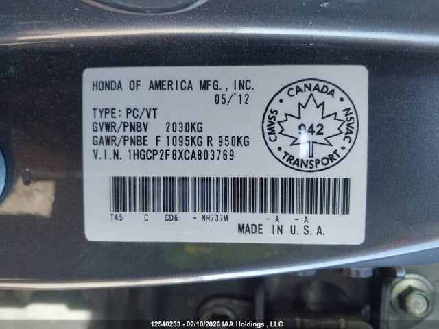 Продаж на аукціоні авто 2012 Honda Accord Ex-l, vin: 1HGCP2F8XCA803769, номер лоту: 12540233