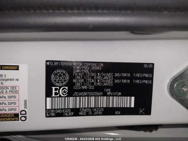 2025 Toyota 4runner მანქანა იყიდება აუქციონზე, vin: JTEVA5BR7S5033669, აუქციონის ნომერი: 12540236