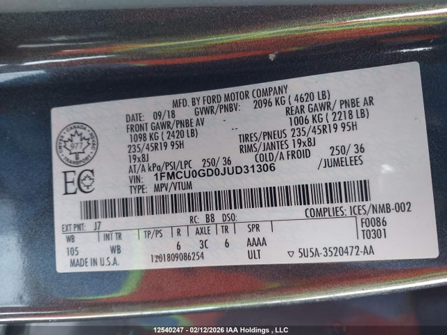 1FMCU0GD0JUD31306 Ford ESCAPE SE