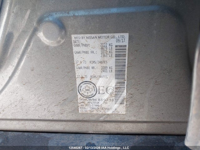 5N1AT2MV9HC889738 Nissan Rogue S/sl Platinum/sv