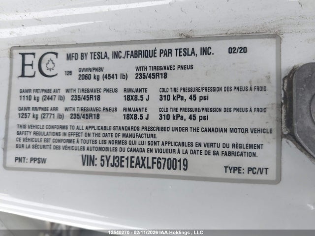 5YJ3E1EAXLF670019 Tesla Model 3 Standard Range Plus