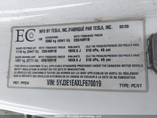 5YJ3E1EAXLF670019 Tesla Model 3 Standard Range Plus