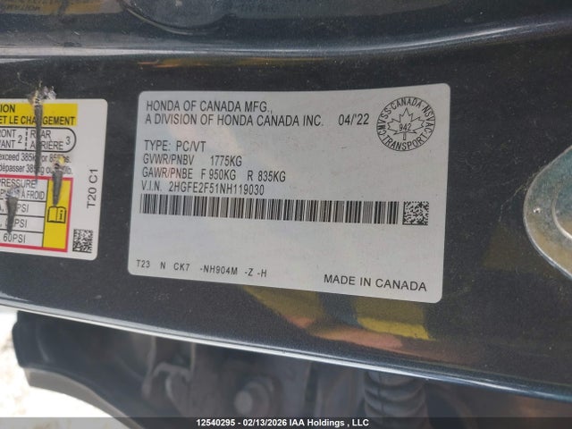 Продаж на аукціоні авто 2022 Honda Civic Sport, vin: 2HGFE2F51NH119030, номер лоту: 12540295