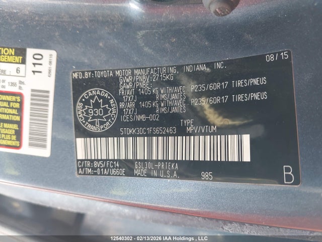 5TDKK3DC1FS652463 Toyota Sienna Le V6